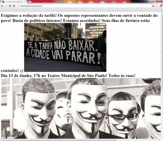 Anonymous publicaram mensagem de protesto contra o aumento da tarifa de transporte público em São Paulo (Captura de tela / Site da Secretaria de Educação do Estado de São Paulo)