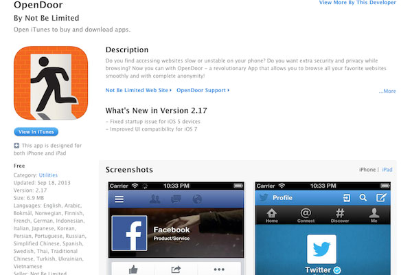 Imagem de tela do aplicativo OpenDoor para iPhone e iPad no iTunes (Epoch Times)