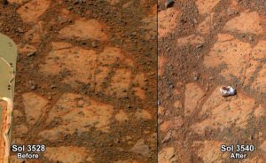 um objeto encontrado pelo robô Opportunity em marte (à direita), e o mesmo local 12 dias antes (esquerda) (NASA)