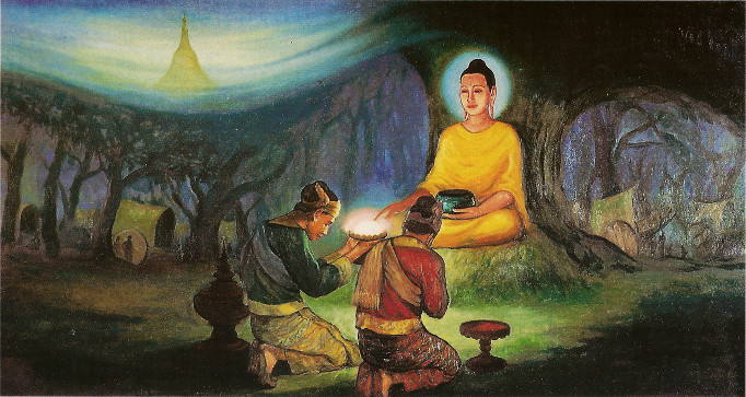  Tapussa e Bhallika recebendo os oito cabelos de Buda Gautama.