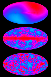 Um exemplo de mapeamento do fundo de radiações cósmicas medindo temperaturas, sendo as azuis as frias e as vermelhas as mais quentes (NASA)