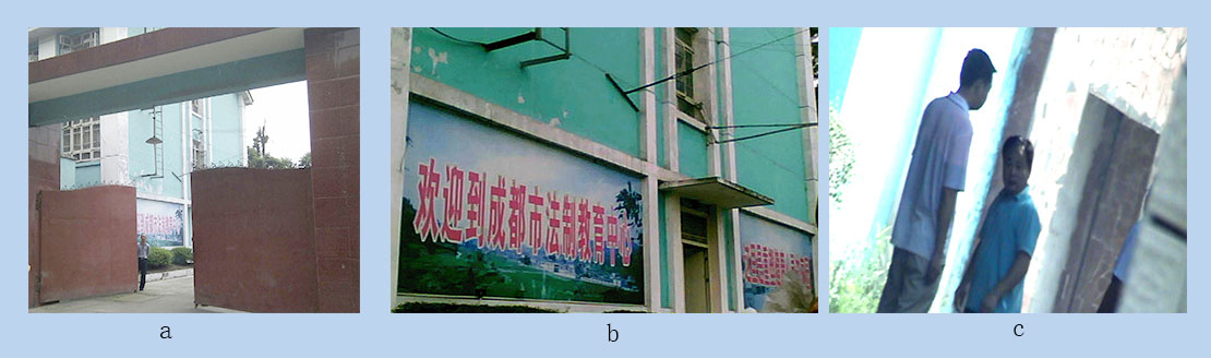 (a) O portão do Centro Xinjin de Lavagem Cerebral; (b) Um edifício em construção pertencente ao Centro Xinjin, (c) Yin Shunyao (à direita), i chefe do Centro Xinjin.