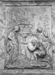 A escultura de Shugborough, adaptação da segunda versão do ‘Pastores de Arcadia’ de Nicolas Poussin (Wikimedia Commons)