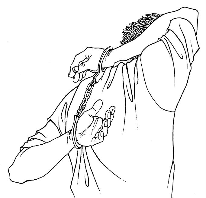 Ilustração de tortura ilustração: algemado com as mãos atrás das costas com um braço por cima do ombro (Minghui.org)