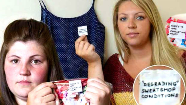 Também neste ano, a inglesa Rebecca Gallagher, de 25 anos, e sua amiga galesa Rebecca Jones, de 21 anos, encontraram denúncias de trabalho escravo e pedidos de socorro na etiquena de dois vestidos que adquiriram numa loja da rede Primark em Swansea, no País de Gales, Reino Unido, em junho de 2014 (Montagem do Estadão a partir do Facebook de Gallaguer e Jones)