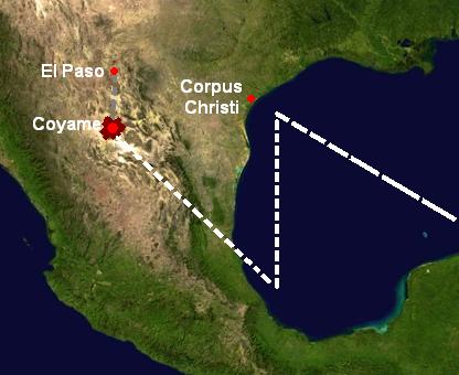 O suposto caminho feito pelo OVNI que colidiu com um pequeno avião civil perto Coyame, no México (Wikimedia Commons)