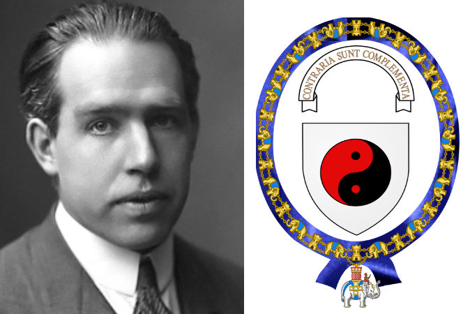 Esquerda: Niels Bohr, um dos pioneiros da física quântica. (AB Lagrelius & Westphal) Direita: brasão desenhado por ele com o símbolo taoísta do yin-yang