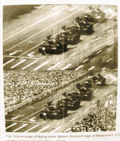 No topo está a foto original "Tank Man", enquanto a foto inferior mostra a versão editada da mídia estatal chinesa Xinhua, a qual mostra massas de pessoas à esquerda e à direita, dando boas vindas aos tanques (Xinhua, Ming Pao)