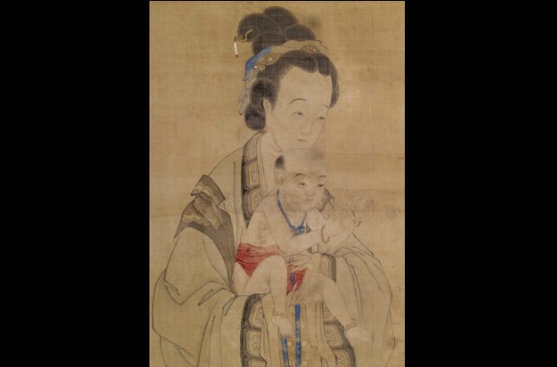 Pintura chinesa do século XVIII mostra uma mãe apresentando seu filho em um templo (Museu de Arte Walters/Epoch Times)