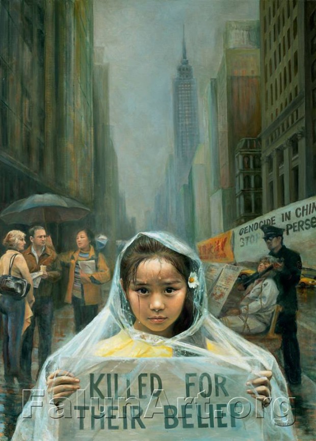 "Chamado Inocente" - Óleo sobre tela, 2005, Xiaoping Chen da exibição Verdade, Benevolência e Tolerância. A arte representa os órfãos do genocídio do Falun Gong pelo Partido Comunista Chinês (Reprodução)