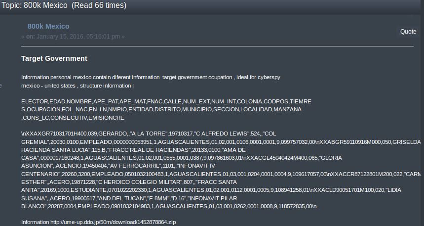 Uma postagem num fórum de cibercrime na darknet oferece acesso a redes do governo mexicano, indicando que o acesso é "ideal para ciberespiões". (Imagem fornecida por fonte confidencial)