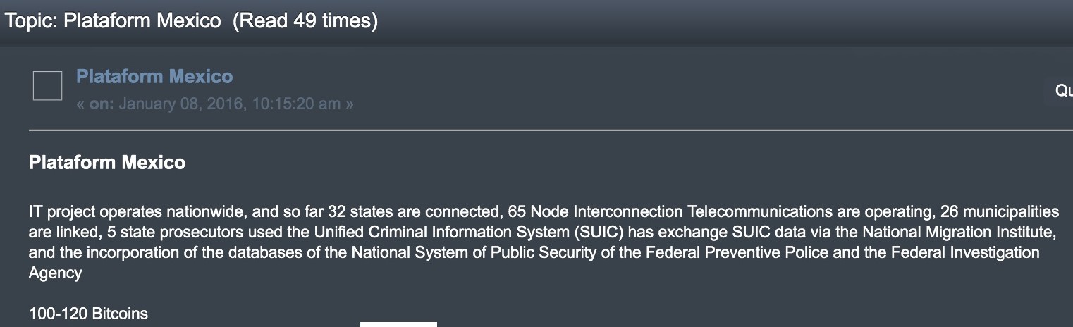 Uma postagem num fórum de cibercrime na darknet vende acesso a um serviço de telecomunicações mexicano que presta serviço a 32 estados. (Imagem fornecida por fonte confidencial)