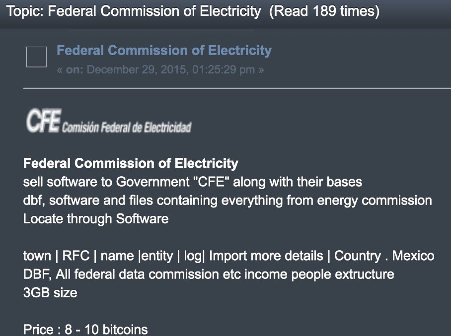 Uma postagem num fórum de cibercrime na darknet vende acesso à Comissão Federal de Eletricidade do México. (Imagem fornecida por fonte confidencial)