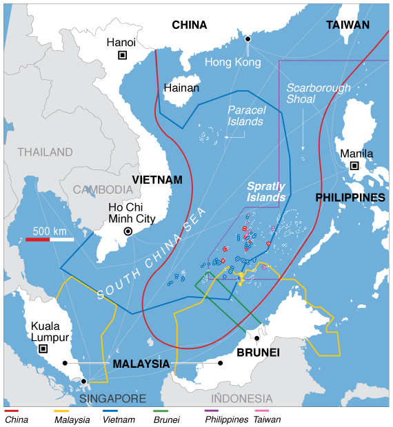 As reivindicações de várias nações no Mar dos Sul da China. (VOA)