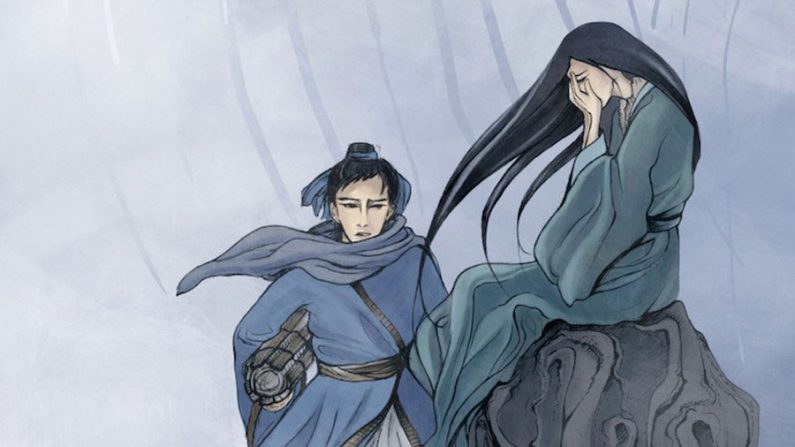 Liu Yi se depara com a Princesa Dragão sozinha num deserto, exceto por seu rebanho de ovelhas (Shaoshao Chen/The Epoch Times)