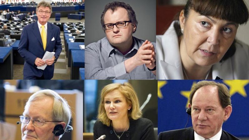 (No alto, direita-esquerda) O membro do Parlamento Europeu (MPE) Franz Obermayr da Áustria; o professor Leonidas Donskis; a MPE e ex-promotora Monica Macovei; (embaixo, direita-esquerda) o MPE sênior Tunne Kelam; a MPE Eija-Riitta Korhola da Finlândia; e o vice-presidente do Parlamento Europeu, Edward McMillan-Scott. (Minghui.org)