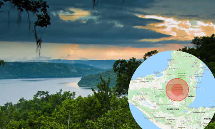 A foto de fundo mostra a selva na Guatemala, perto das Ruínas de Yaxha, e o mapa inserido mostra a localização aproximada da descoberta (Google Maps / Flickr / Christopher William Adach)