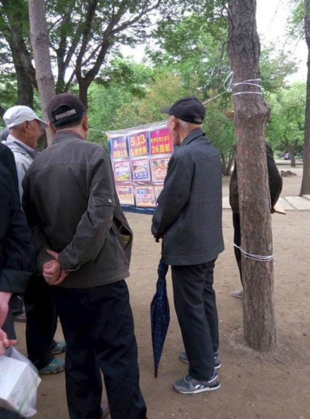 Transeuntes leem cartazes colocados por praticantes em um parque na cidade de Shenyang, província de Liaoning (Minghui.org)