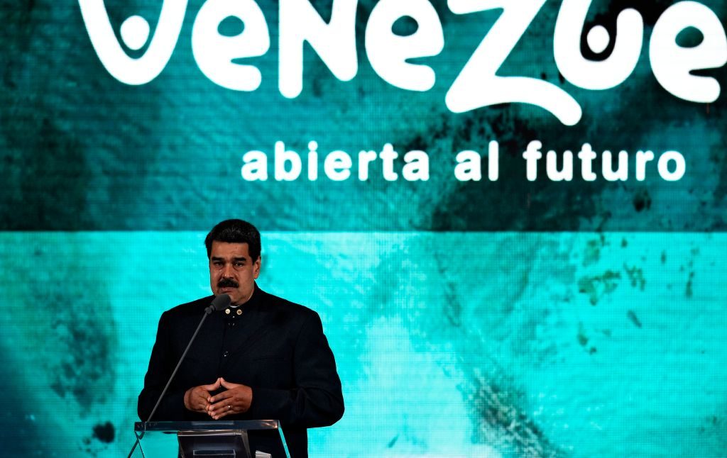 Ditador venezuelano Nicolás Maduro fala com empresários durante a apresentação da marca nacional da Venezuela em Caracas em 11 de fevereiro de 2019 (Federico Parra/AFP/Getty Images)