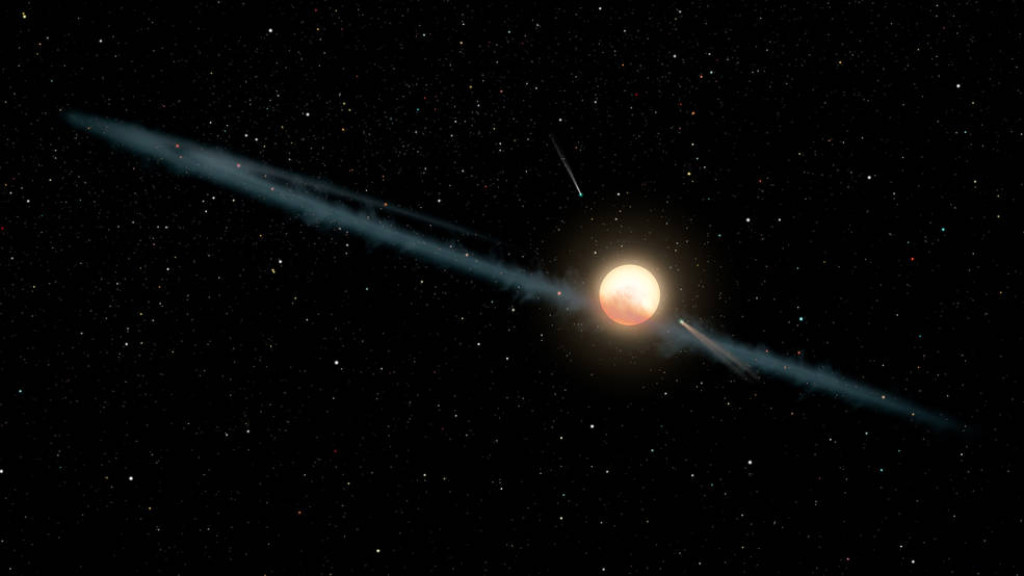 Esta ilustração mostra um anel hipotético de poeira irregular orbitando KIC 8462852, também conhecida como a Estrela Boyajian ou a Estrela Tabby. (NASA / JPL-Caltech)