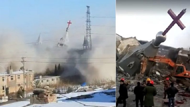 Capturas de tela de vídeos enviados pela ChinaAid mostram a destruição da Igreja Golden Lampstand na cidade de Linfen na província de Shanxi na terça-feira, 9 de janeiro de 2018. A polícia armada chinesa usou explosivos para demolir a igreja como parte de uma ofensiva contra os chineses. Cristãos (ChinaAid)