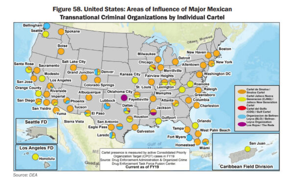 Áreas de influência dos principais cartéis mexicanos nos Estados Unidos (Relatório da DEA 2021)