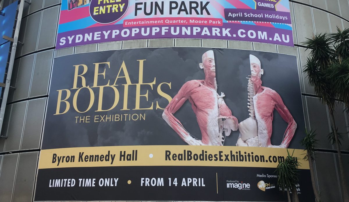 Corpos reais: a exposição foi aberta ao público em Sydney, na Austrália, no dia 14 de abril de 2018, com manifestantes se reunindo na frente do local para expressar suas preocupações sobre a origem dos corpos humanos reais em exibição (Melanie Sun / The Epoch Times)