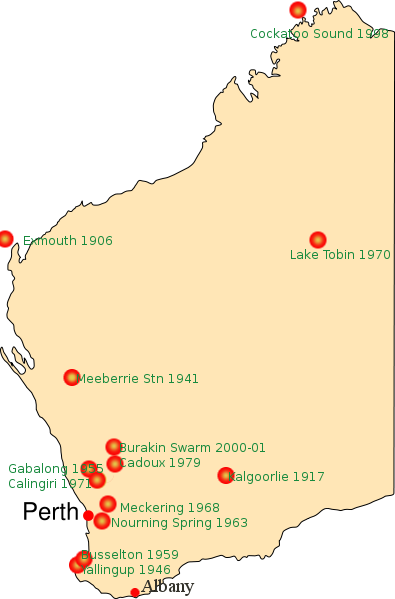 Mapa de eventos sísmicos significativos na Austrália Ocidental desde 1906 (Gnangarra/Wikimedia Commons)