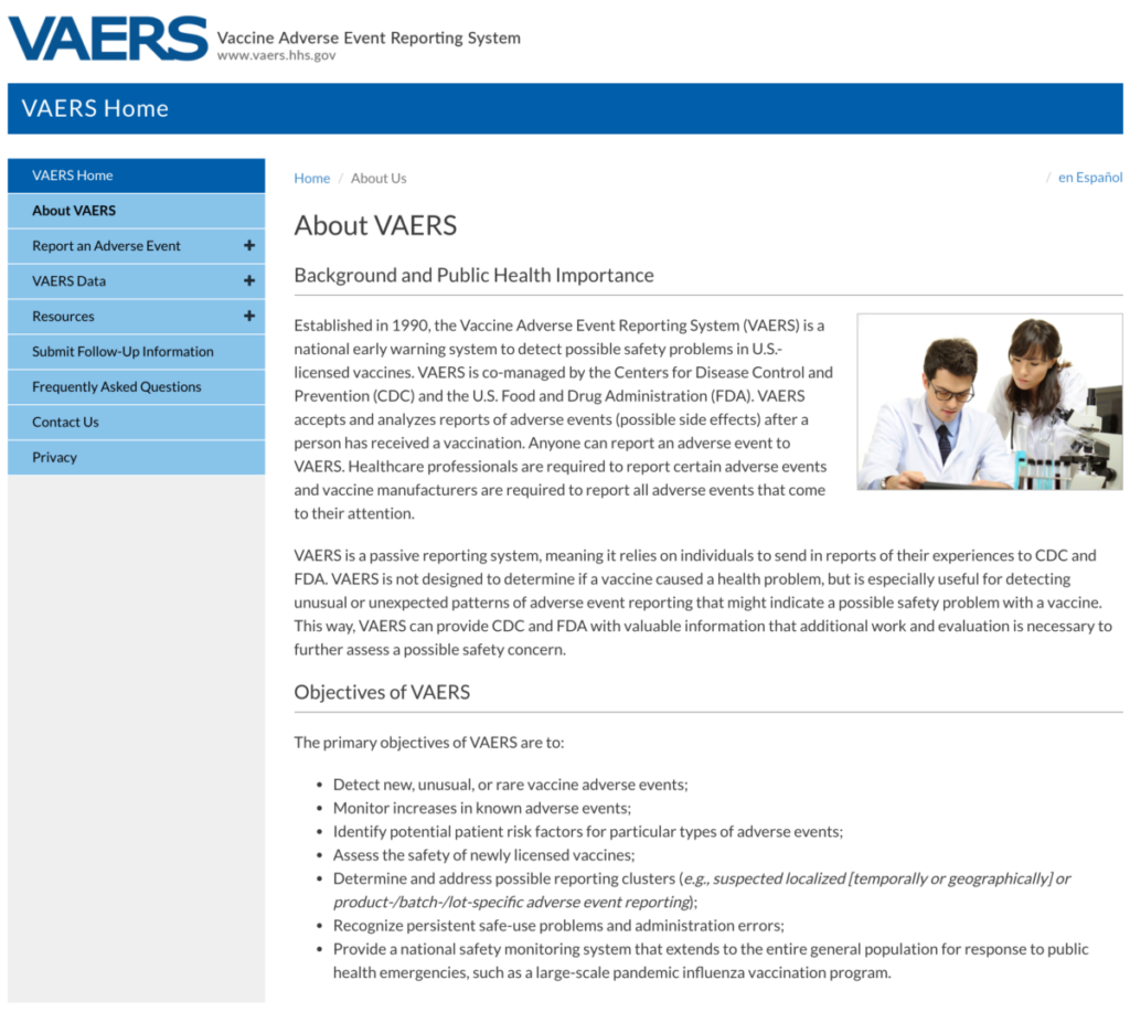 Uma captura de tela da página inicial do Sistema de Notificação de Eventos Adversos de Vacinas (VAERS), que é co-patrocinado pelo CDC, FDA e HHS (Captura de tela/Epoch Times)