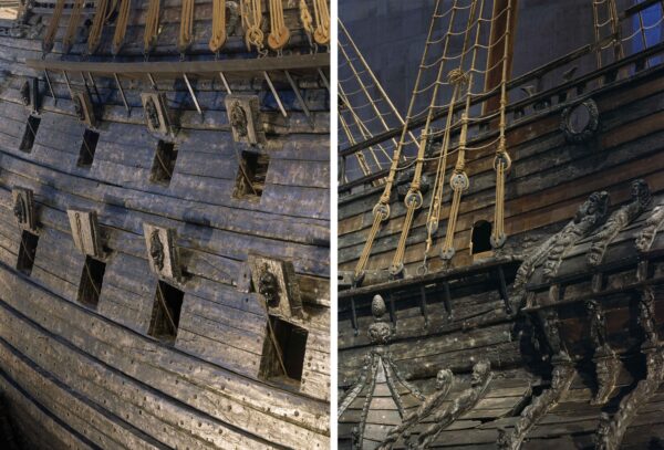 (Esquerda) parte do casco; (direita) o navio Vasa. Detalhe da armação (Cortesia de Åke E:son Lindman)