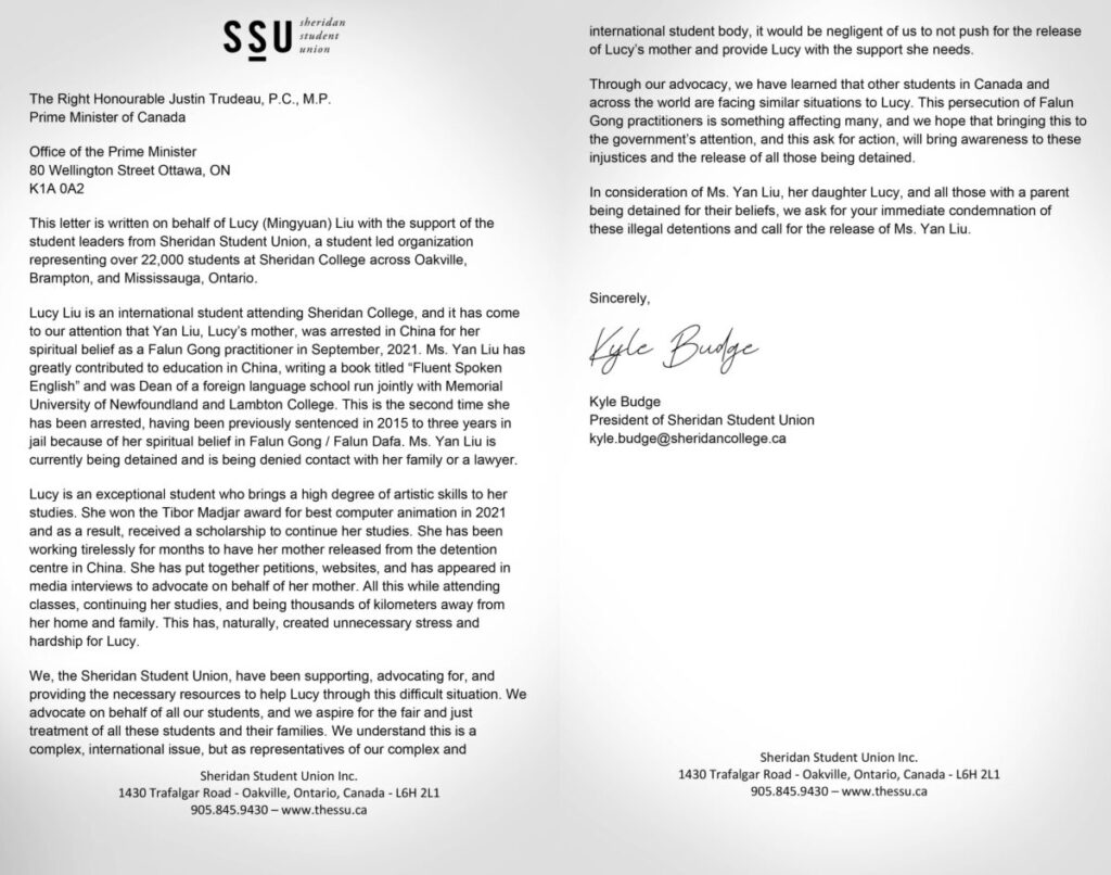 Carta ao primeiro-ministro canadense Justin Trudeau, enviada em nome de Lucy, escrita pelo presidente da União Estudantil de Sheridan, Kyle Budge (Cortesia de Lucy Mingyuan Liu)