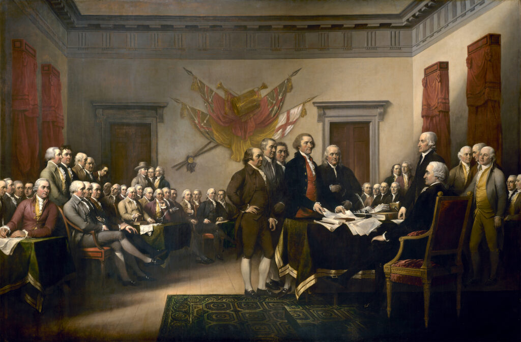  Pintura do artista americano John Trumbull retratando a apresentação do rascunho da Declaração de Independência ao Congresso, em 28 de junho de 1776 (Domínio Público)