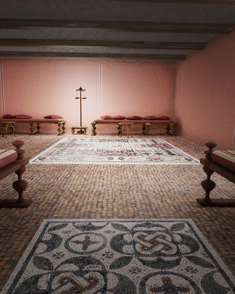 Uma reconstrução 3D da mansão e mosaico mostra móveis reclináveis (Cortesia de MOLA)