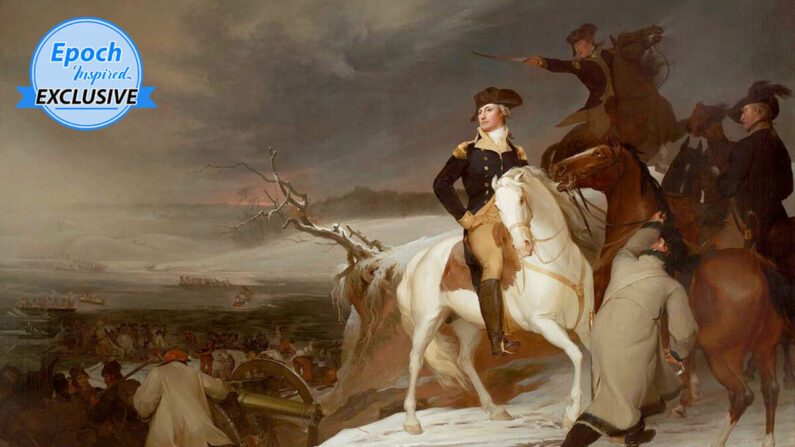George Washington observando as tropas do Exército Revolucionário Americano cruzando o rio Delaware. Uma pintura a óleo sobre tela de 1918 do artista Thomas Sully (Domínio Público)