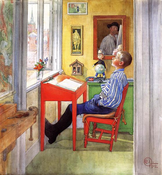 “Esbjorn fazendo sua lição de casa”, 1910, por Carl Larsson. Aquarela sobre papel. Coleção privada (Domínio Público)