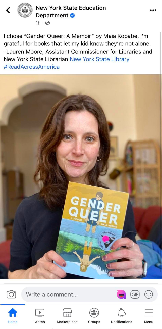 Em uma postagem no dia 2 de março de 2022, o Departamento de Educação do Estado de Nova Iorque recomendou o livro “Gênero Queer” de Maia Kobabe (Facebook)