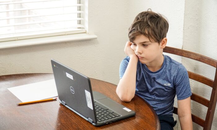 Fotografia de uma criança olhando para um laptop (Thomas Park/Unsplash)