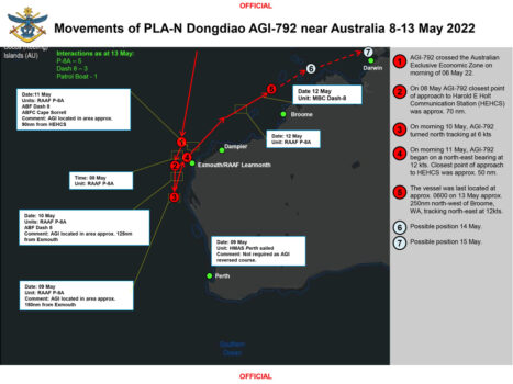  Movimentos do Dongdiao AGI-792 Navio de Coleta de Inteligência Haiwangxing perto da Austrália, 8-13 de maio de 2022 (Cortesia do Departamento de Defesa Australiano)