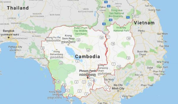 Um mapa que mostra as fronteiras do Camboja, Vietnã e Tailândia (Google Maps)