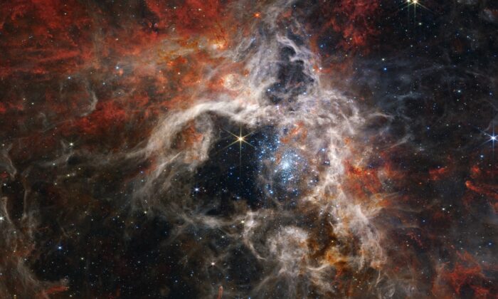 A câmera de infravermelho próximo de Webb (NIRCam) exibe a região de formação estelar da Nebulosa da Tarântula sob uma nova luz, incluindo dezenas de milhares de estrelas jovens nunca antes vistas que antes estavam envoltas em poeira cósmica (NASA, ESA, CSA, STScI, Equipe de Produção Webb ERO)