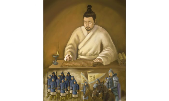Sun Zi, o grande general chinês e estrategista militar, escreve o tratado “A Arte da Guerra”. (SM Yang/The Epoch Times)