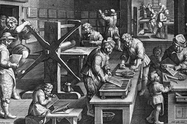 A arte de gravura e impressão a partir de placas usando-se uma grande máquina de imprensa, cerca de 1600. Obra original de Stradanus (1523-1605) (Hulton Archive/Getty Images)