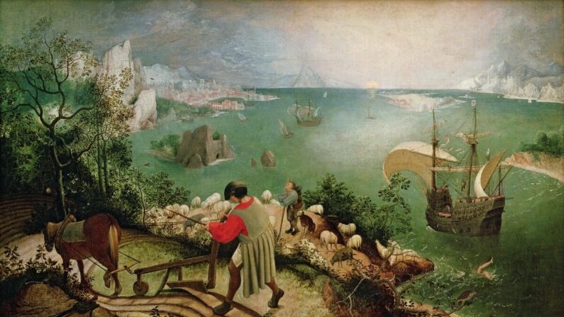 "Paisagem com a queda de Ícaro", c. 1555 (óleo sobre tela) de Pieter Bruegel, o Velho (c. 1525–1569); 73,5 x 112 cm; Musees Royaux des Beaux-Arts de Belgique, Bruxelas, Bélgica. Ícaro é visto com as pernas se debatendo no mar; Giraudon; Flamengo, sem direitos autorais.
