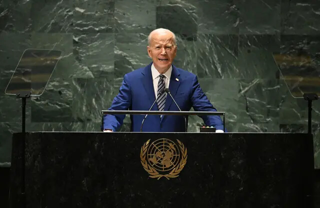 O presidente dos EUA, Joe Biden, discursa na 78ª Assembleia Geral da ONU na sede da ONU em Nova York, em 19 de setembro de 2023. (Timothy A. Clary/AFP via Getty Images)
