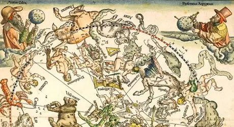 Detalhe de “O Hemisfério Celestial Norte com os Doze Signos do Zodíaco”, 1515, de Albrecht Dürer. Xilogravura; 24-1/8 polegadas por 17-15/16 polegadas. Fundo Harris Brisbane Dick (Domínio público)
