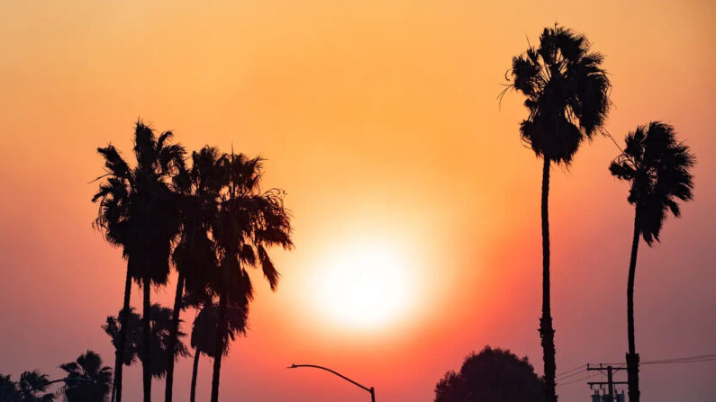 Um pôr do sol nebuloso em meio ao incêndio Silverado em Long Beach, Califórnia, em 3 de dezembro de 2020 (John Fredricks/The Epoch Times)