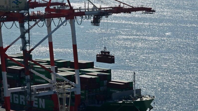 Um grande guindaste navio-terra é usado para descarregar contêineres de carga de um navio no terminal internacional de carga no porto de Tóquio em 16 de novembro de 2023. (Kazuhiro Nogi/AFP via Getty Images)