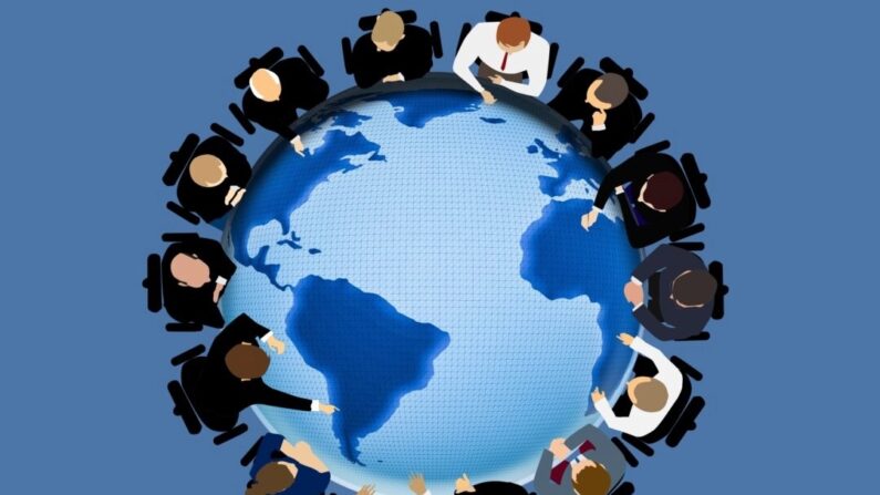 Políticos ou pessoas com autoridade de grupo de chefes discutindo estratégia sentados em uma mesa redonda com a imagem do globo terrestre. O conceito de governo mundial e geopolítica. (Ilustração da vista superior)