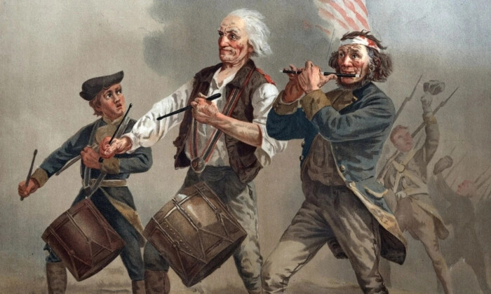 A Revolução Americana, Doodle Yankee 1776, três patriotas, dois tocando bateria e um tocando fife levando tropas para a batalha, por Archibald M. Willard, cerca de 1876. (Coleção Everett/Shutterstock)
