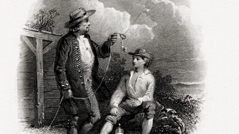 “Franklin e a Eletricidade”, c. 1860, por Alfred Jones, para o Bureau of Engraving and Printing. (Domínio público)